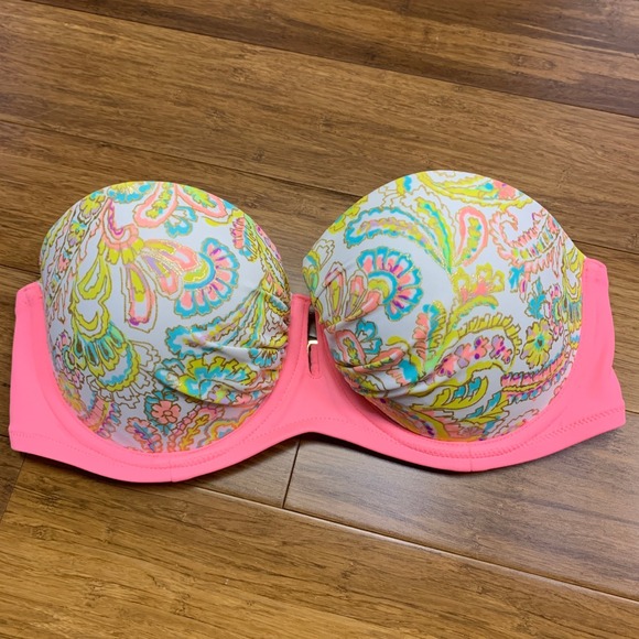 Victoria's Secret Swim Strapless Padded Bikini Top Women Size Medium Floral Pink - Picture 1 of 6